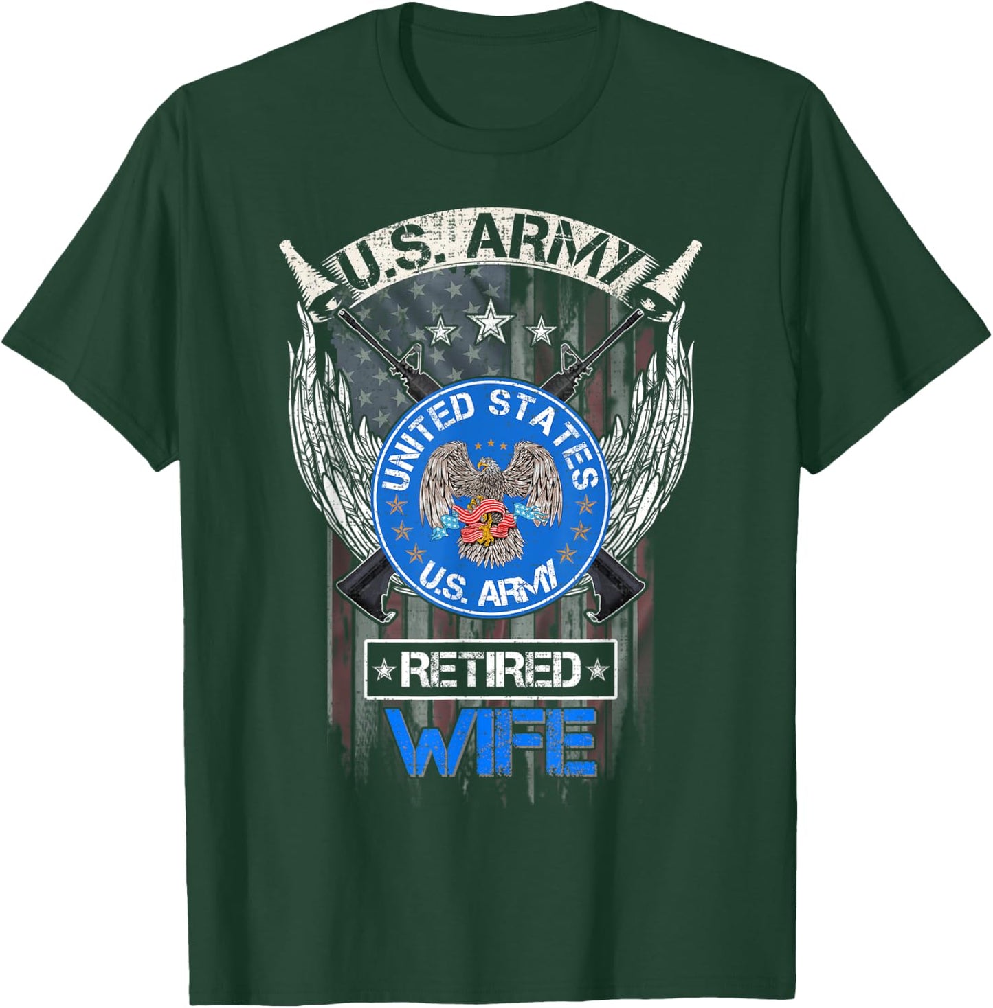 Vintage USA American Flag US Army Proud Retired Wife Funny T-Shirt - T-Shirt | Forest