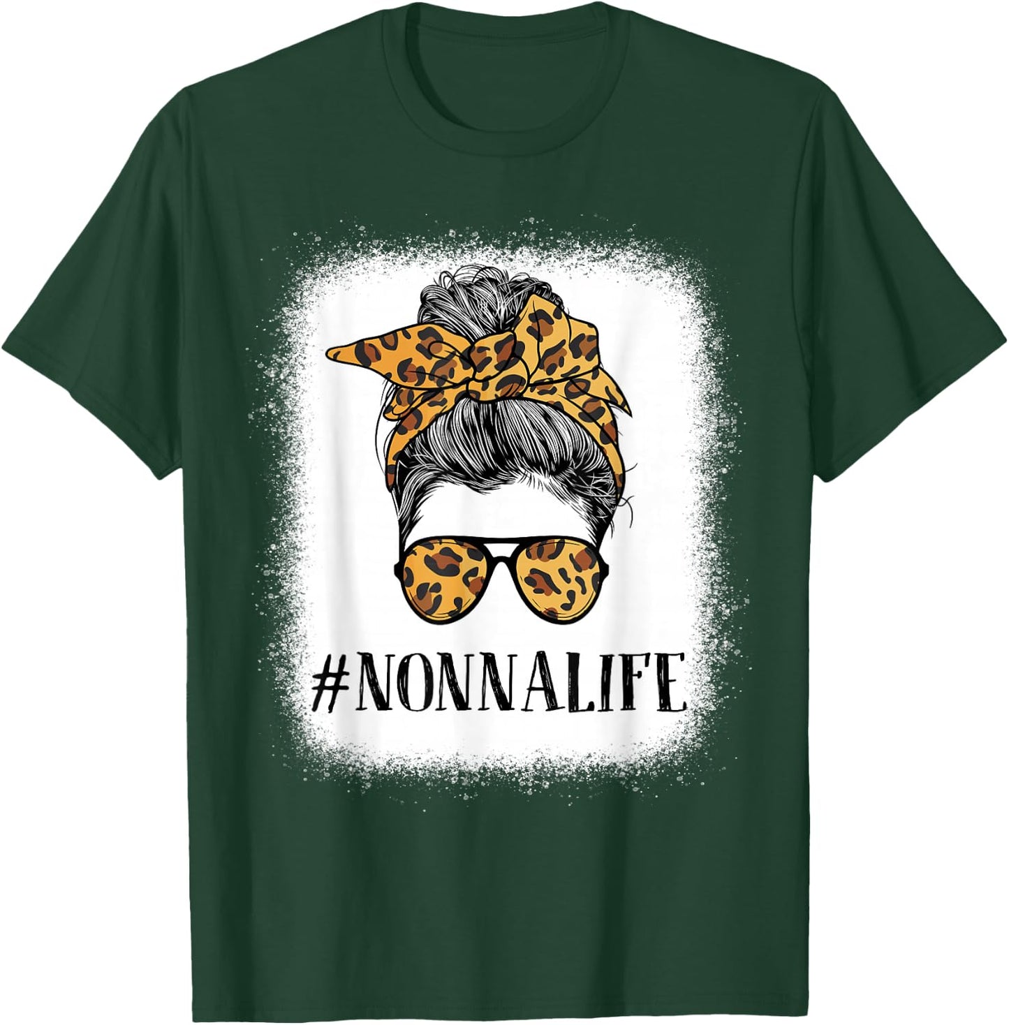 Women Bleached Nonna life Messy Bun Leopard Print Mother's T-Shirt - T-Shirt | Forest