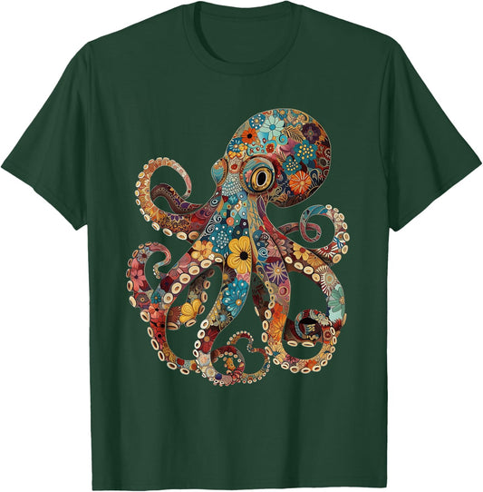 Octopus Floral Vintage Flowers Octopus Octopus Diving T-Shirt - T-Shirt | Forest