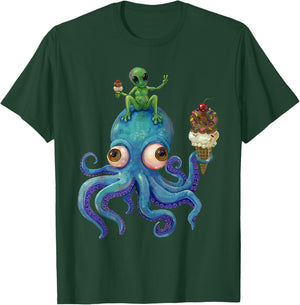Octopus and Alien Cosmic Ice Cream Party T-Shirt - T-Shirt | Forest
