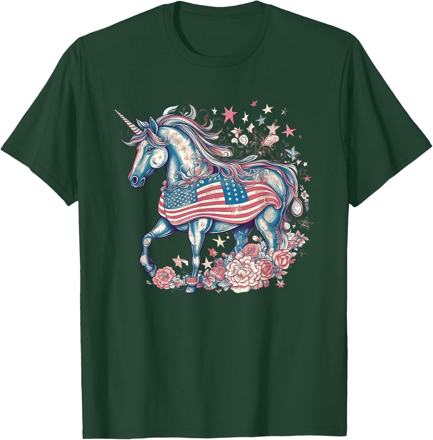 American Unicorn 4th Of July Patriotic USA Flag Girls Women T-Shirt - T-Shirt | Forest