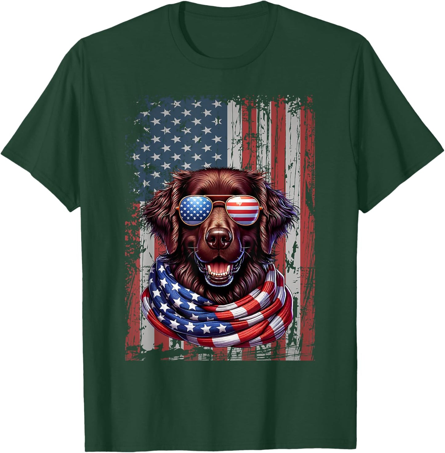 Flat-Coated Retriever Lover US Flag 4th Of July Patriotic Women Kids Men T-Shirt - T-Shirt | Forest
