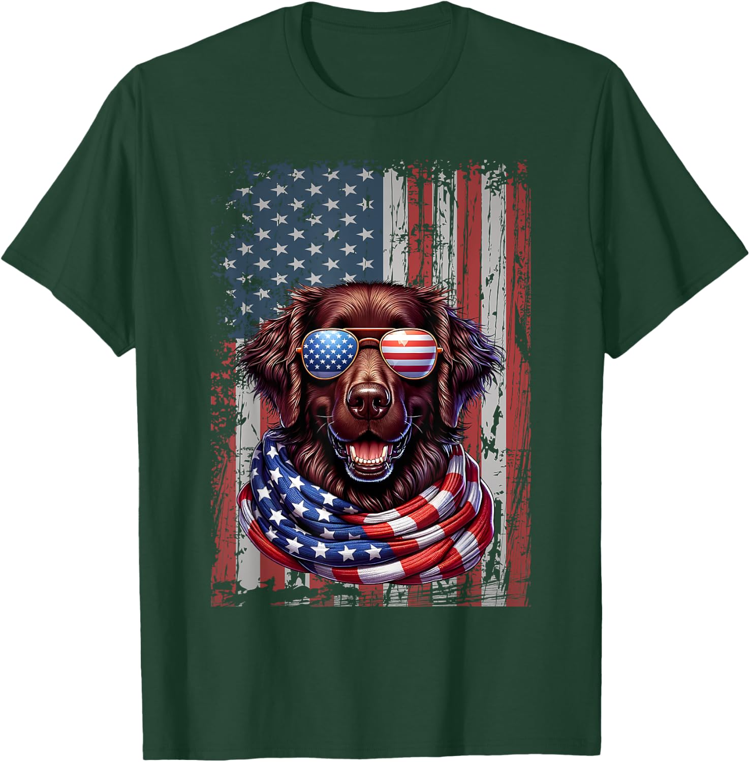Flat-Coated Retriever Lover US Flag 4th Of July Patriotic Women Kids Men T-Shirt - T-Shirt | Forest
