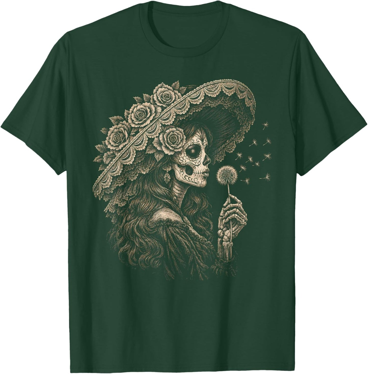 Blowing Wishes La Catrina Blowing Dandelion Vintage Art T-Shirt - T-Shirt | Forest