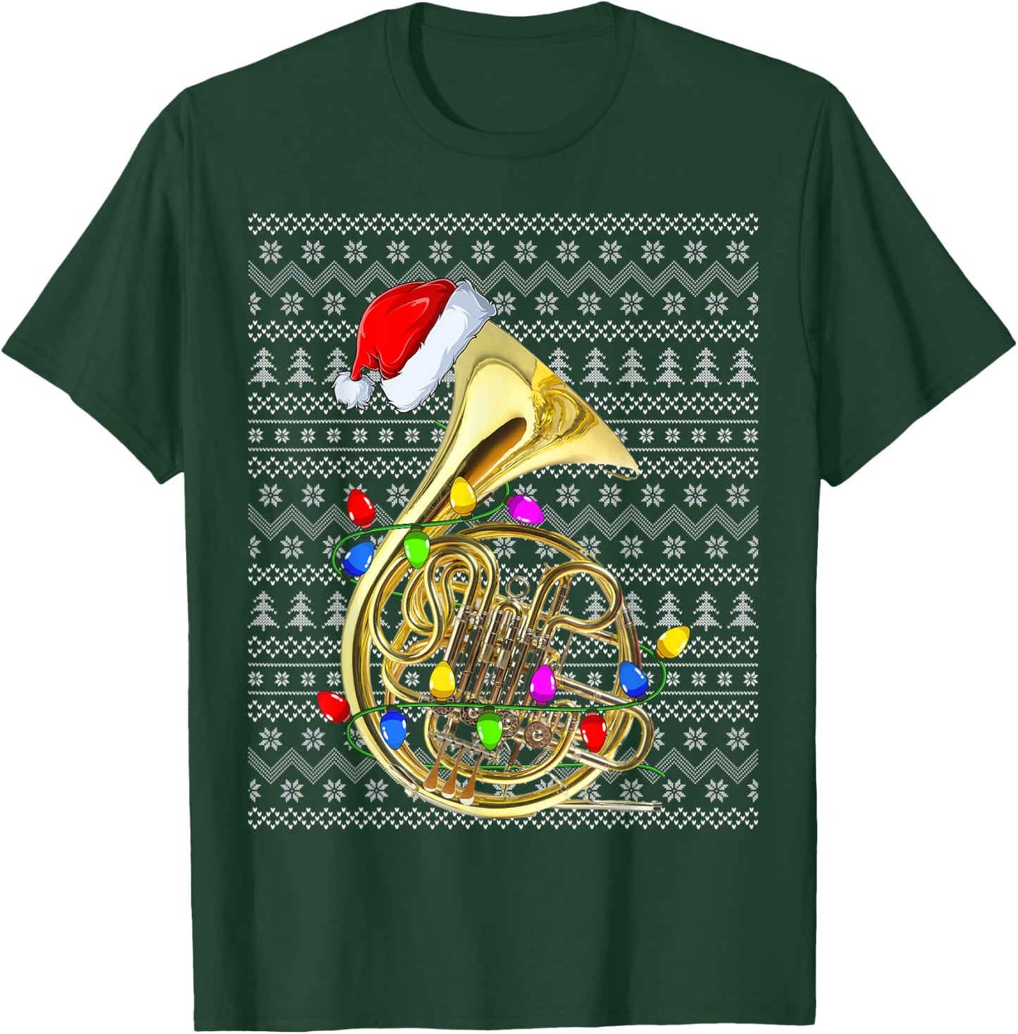 French Horn Lighting Xmas Sweater Ugly French Horn Christmas T-Shirt - T-Shirt | Forest