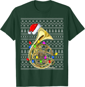French Horn Lighting Xmas Sweater Ugly French Horn Christmas T-Shirt - T-Shirt | Forest