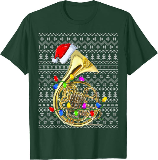 French Horn Lighting Xmas Sweater Ugly French Horn Christmas T-Shirt - T-Shirt | Forest
