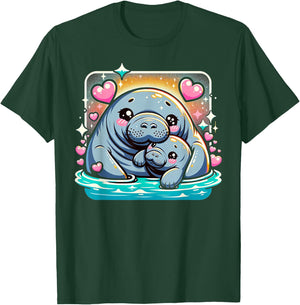 Manatee Love Baby And Mom Sirenian Manatees Hearts T-Shirt - T-Shirt | Forest