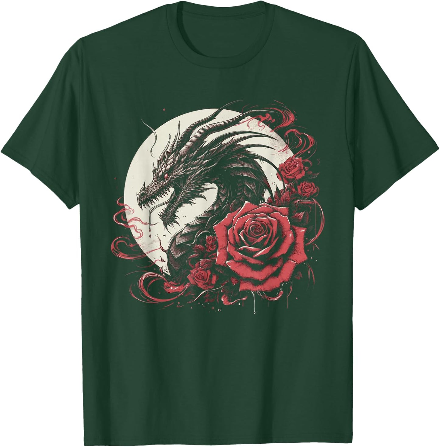 Dragon With Roses And Full Moon Dark Art T-Shirt - T-Shirt | Forest