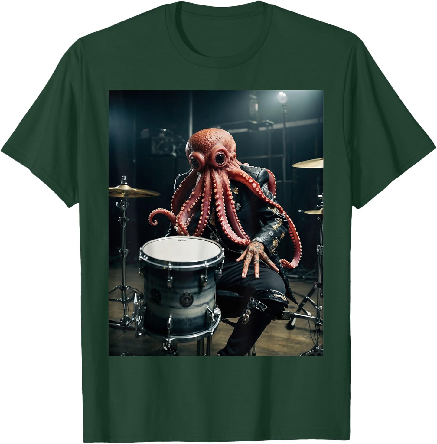 Punk Rock Octopus Head Heavy Metal Drums Leather Jacket Cool T-Shirt - T-Shirt | Forest