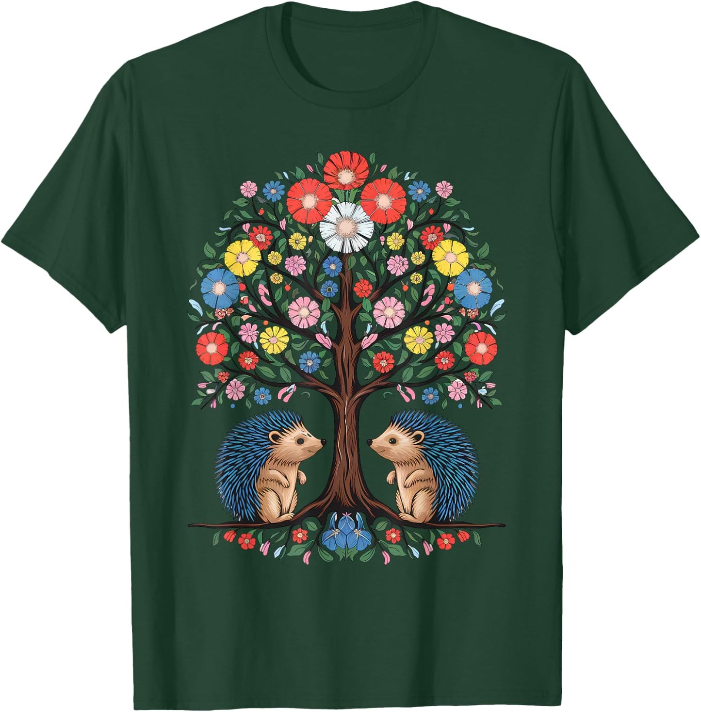 Hedgehog Scandinavian Folk Flowers Style T-Shirt - T-Shirt | Forest