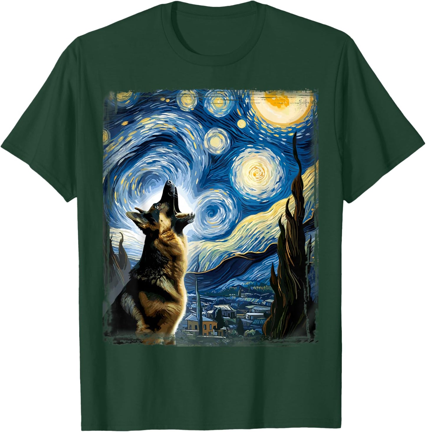 Alsatian Dog Artistic Van Gogh Starry Night German Shepherd T-Shirt - T-Shirt | Forest