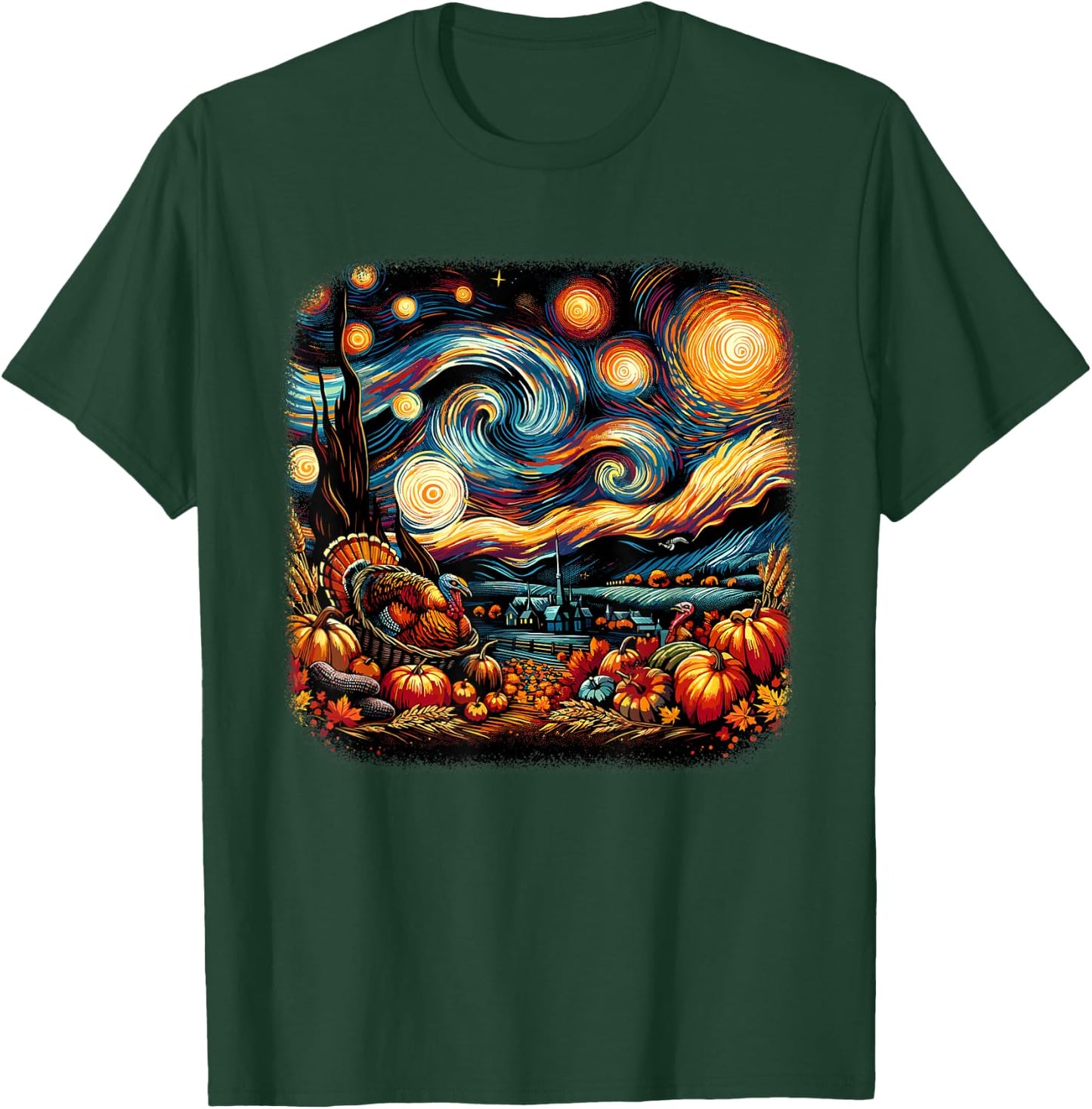 Thanksgiving Turkey & Pumpkin Harvest Starry Night Van Gough T-Shirt - T-Shirt | Forest