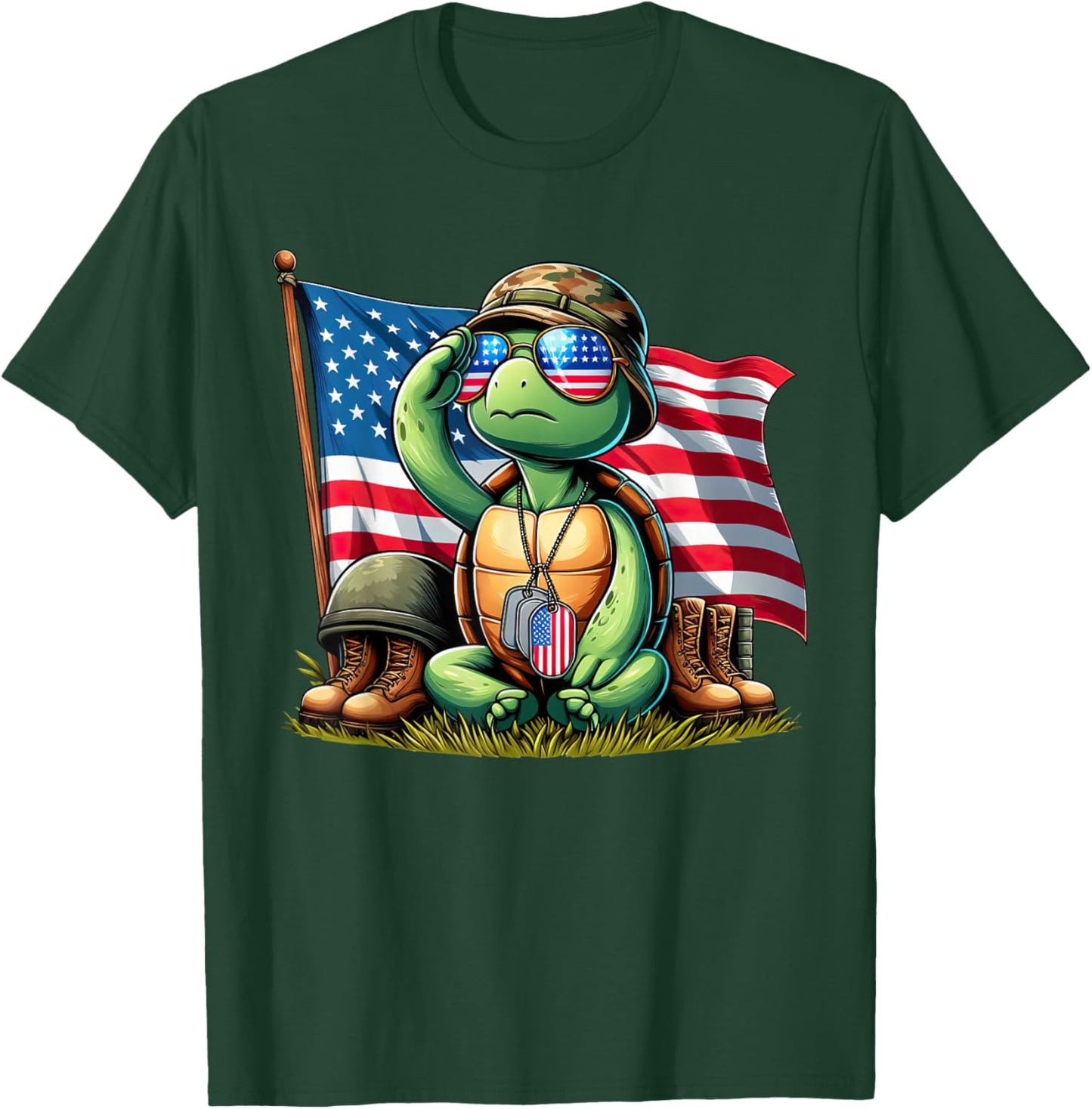 Salute Turtle American USA Flag Memorial Day 4th of July T-Shirt - T-Shirt | Forest