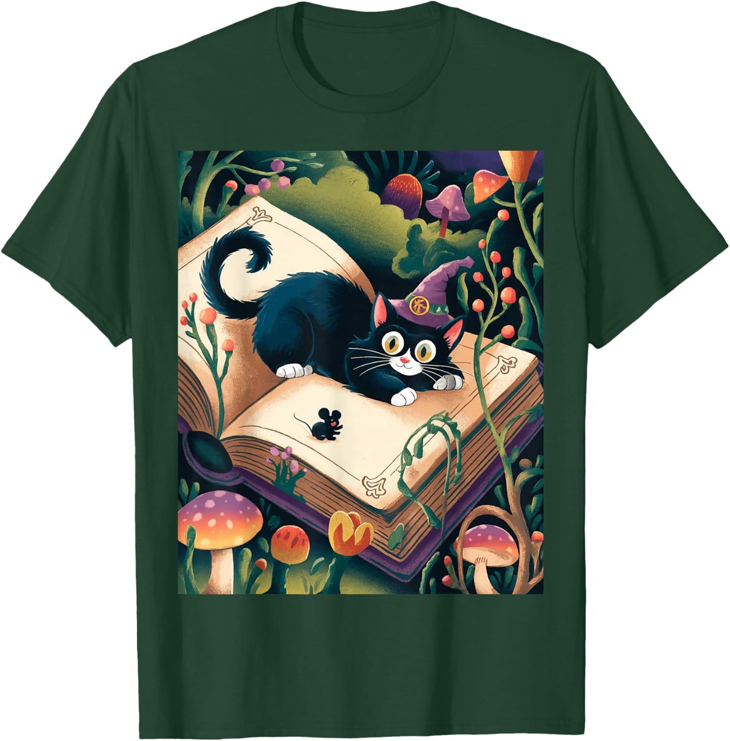Enchanted Night: Mystical Feline Resting atop an Opened Book T-Shirt - T-Shirt | Forest