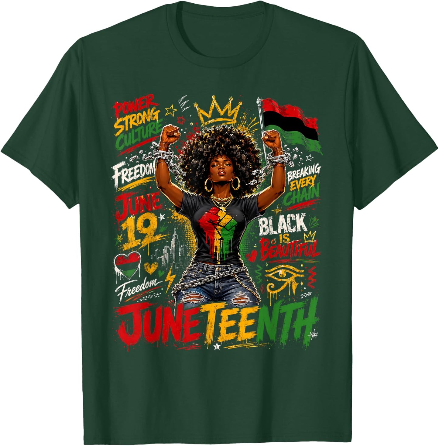 Juneteenth Afro Woman Breaking Every Chain Graffiti Freedom T-Shirt - T-Shirt | Forest