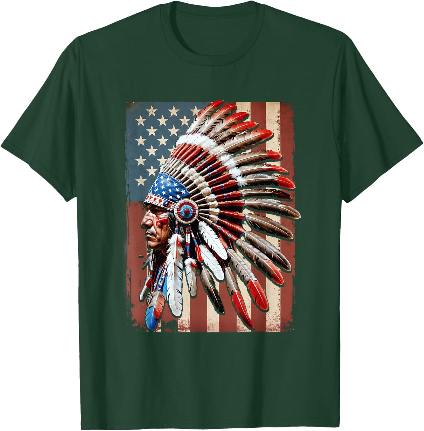 Native American Indian USA American Flag Indigenous Chief T-Shirt - T-Shirt | Forest