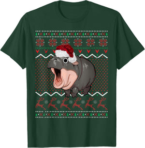 Moo Deng Christmas Baby Hippo Santa Hat Ugly Sweater Xmas T-Shirt - T-Shirt | Forest