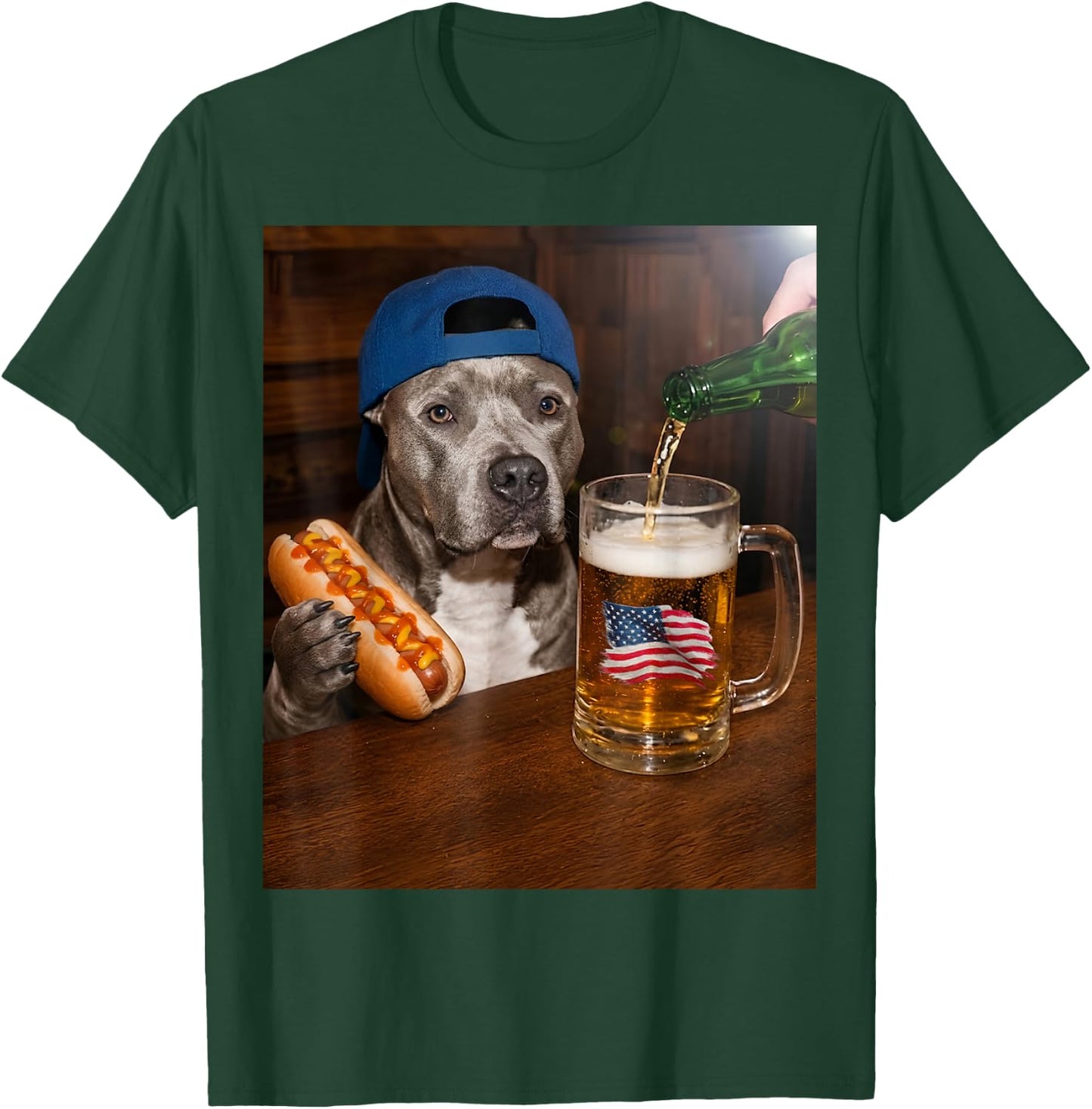 Funny Pitbull Meme Drinking Beer Hotdog USA Flag Pittie Moms T-Shirt - T-Shirt | Forest