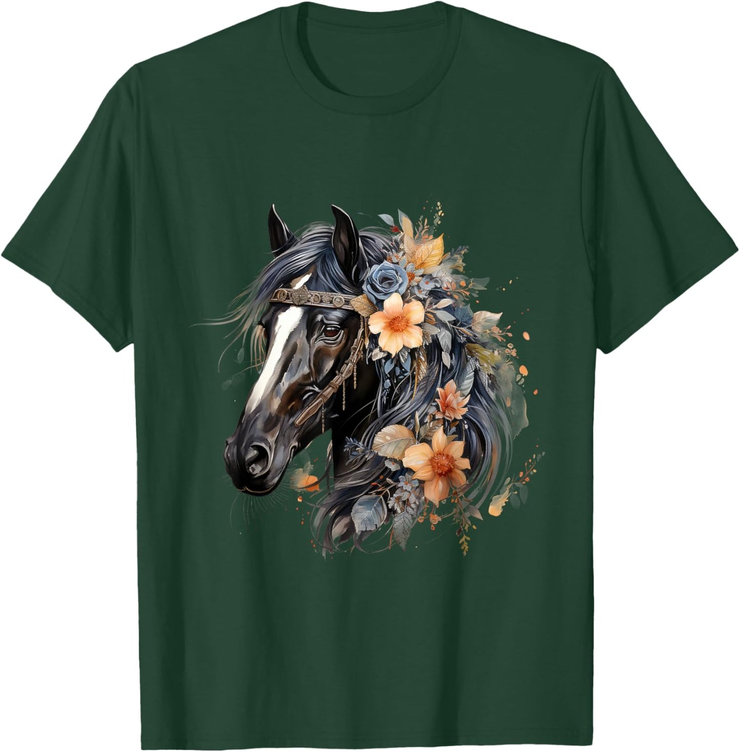 Floral Wild Horse Country Horse Riding , Small, Black T-Shirt - T-Shirt | Forest