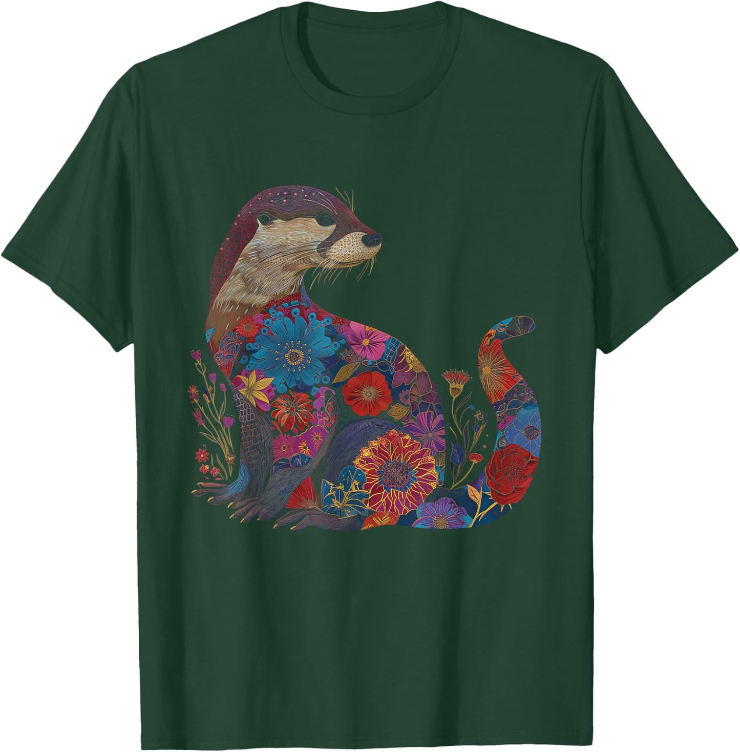 Otter Floral Artwork Vintage Flowers Cute Sea Otter T-Shirt - T-Shirt | Forest