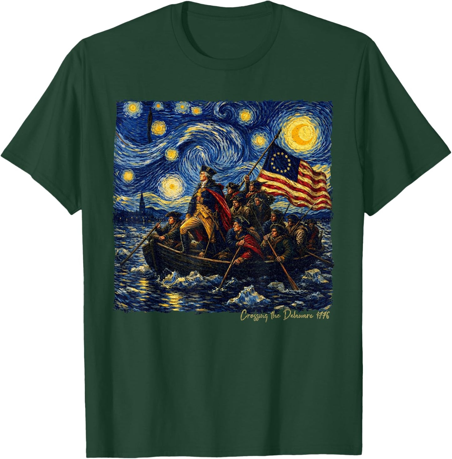 Crossing The Delaware Starry Night in Van Gogh Art 1776 T-Shirt - T-Shirt | Forest