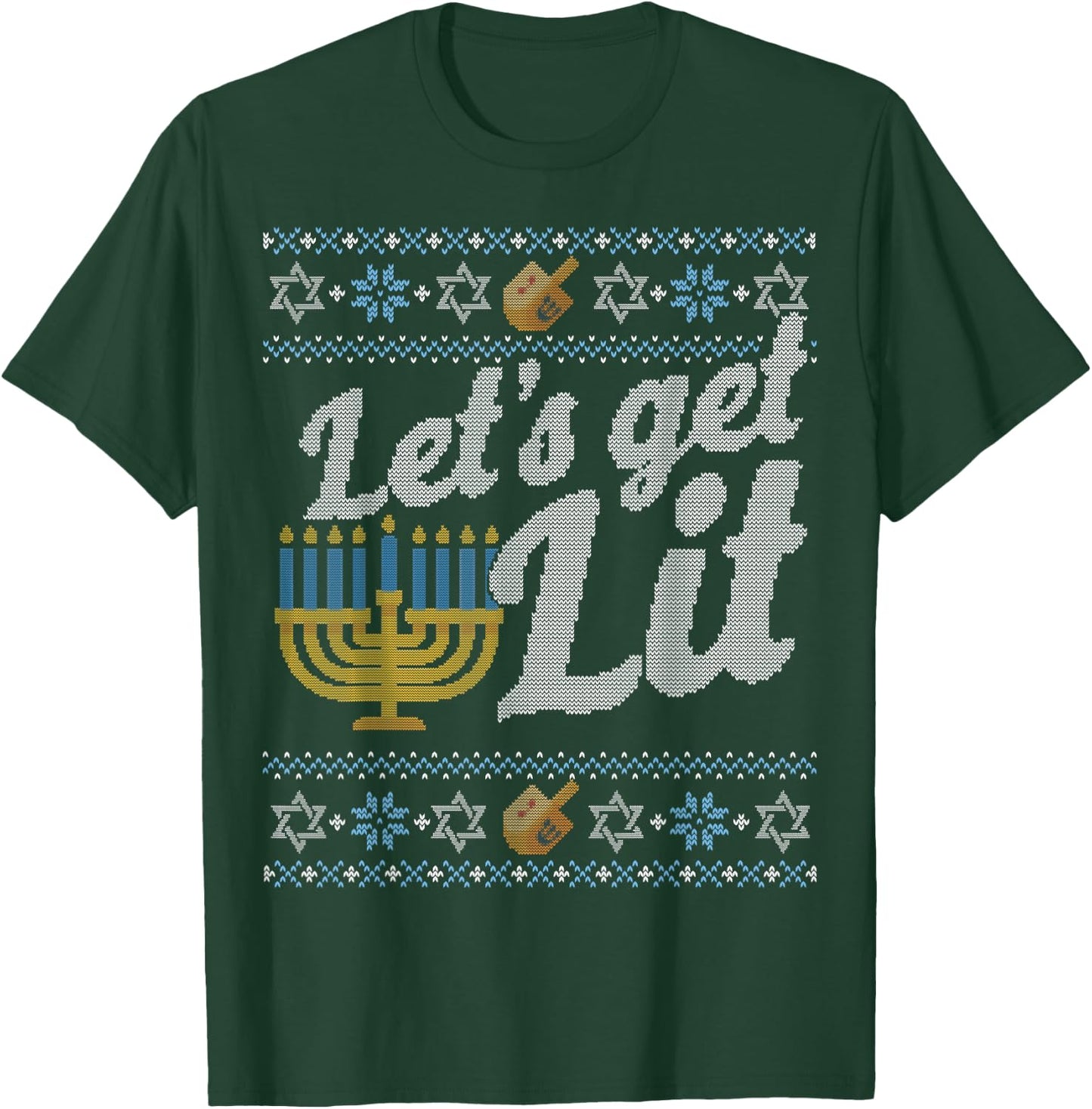 Funny Ugly Hanukkah Sweater Shirt Let's Get Lit drinking T-Shirt - T-Shirt | Forest