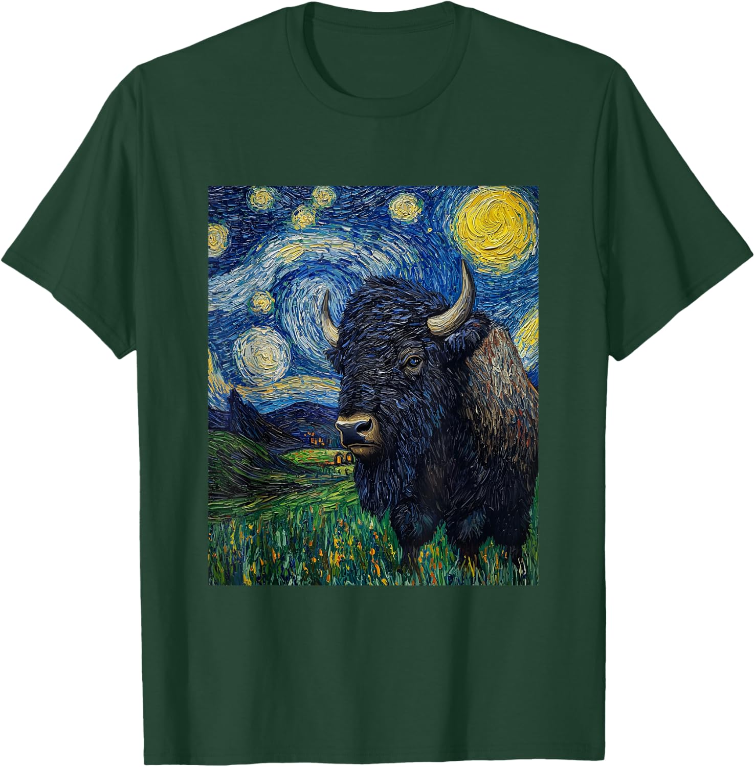 Bison Buffalo Van Gogh Style Starry Night Graphic T-Shirt - T-Shirt | Forest