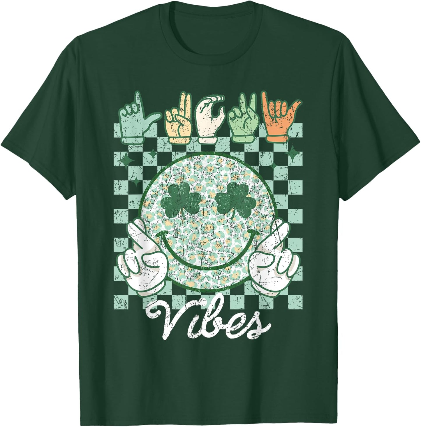 Lucky Vibes St Patrick's Day ASL Sign Language Deaf Groovy T-Shirt - T-Shirt | Forest
