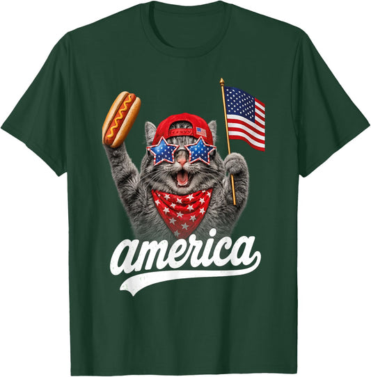Funny Cat & Hot Dog Patriotic Cat USA Flag T-Shirt - T-Shirt | Forest
