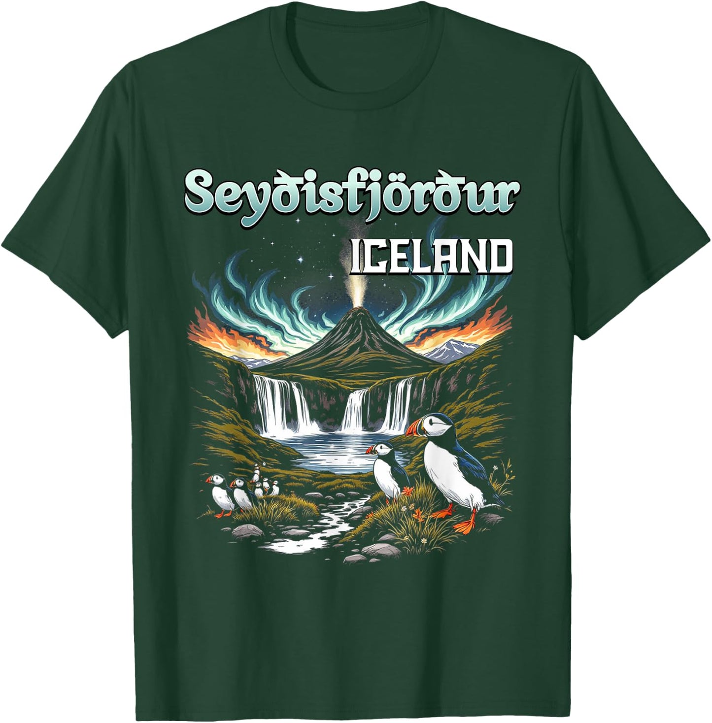 Seyðisfjörður Iceland Souvenir Icelandic Volcano Puffins T-Shirt - T-Shirt | Forest