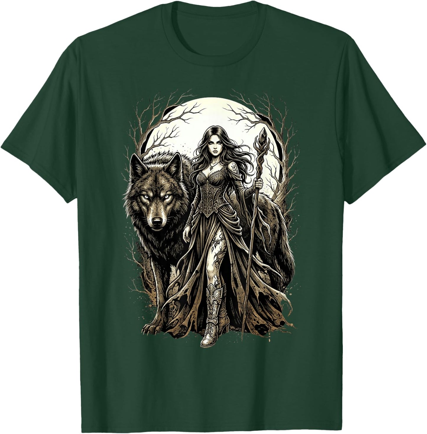 Fantasy Kriegerin Wolf Vollmond Gothic Motiv T-Shirt - T-Shirt | Forest