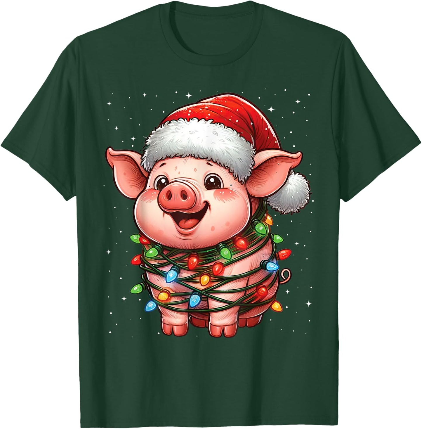 Pig Christmas Lights Santa Hat Xmas Snow T-Shirt - T-Shirt | Forest