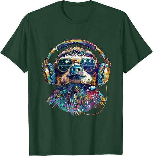 DJ Sloth Music Headphones Beatmaker Techno Animal Print T-Shirt - T-Shirt | Forest