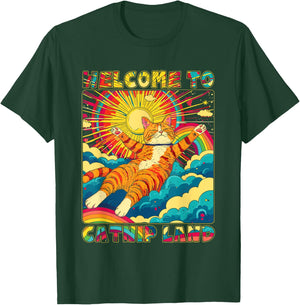 Cat Catnip Land 60s 70s Hippie Aesthetic Cat Lover Women Men T-Shirt - T-Shirt | Forest