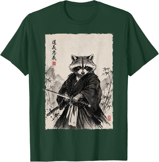Samurai Raccoon Graphic Warrior Vintage Japanese Art Anime T-Shirt - T-Shirt | Forest