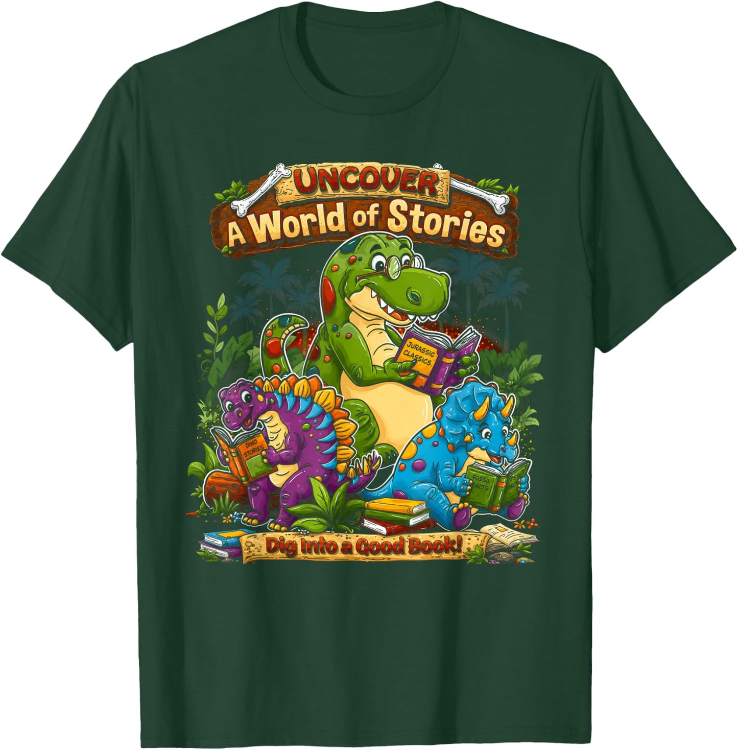 Uncover A World of Stories Dinosaur Reading Shirt for Kids T-Shirt - T-Shirt | Forest