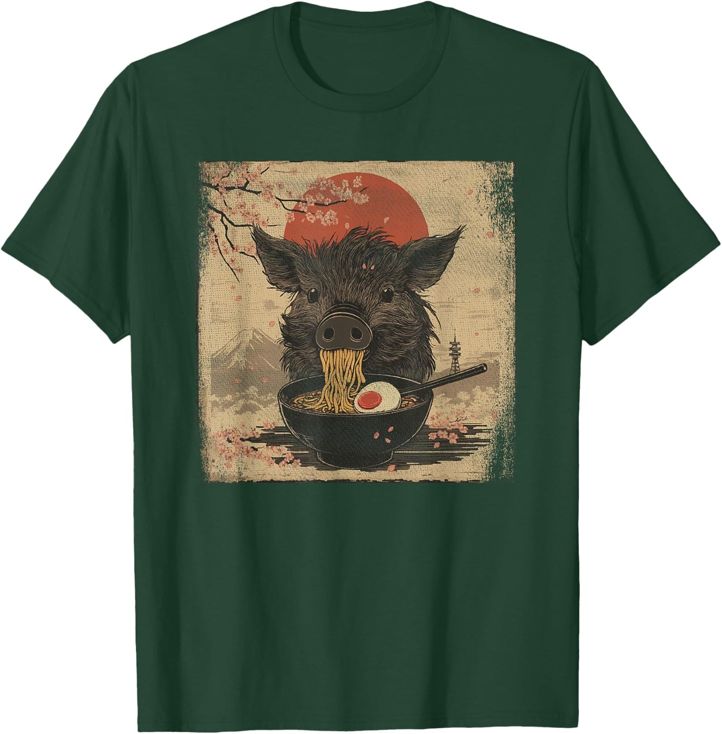 Japanese Woodblock Graphic Boar Eating Ramen Pig Lover T-Shirt - T-Shirt | Forest