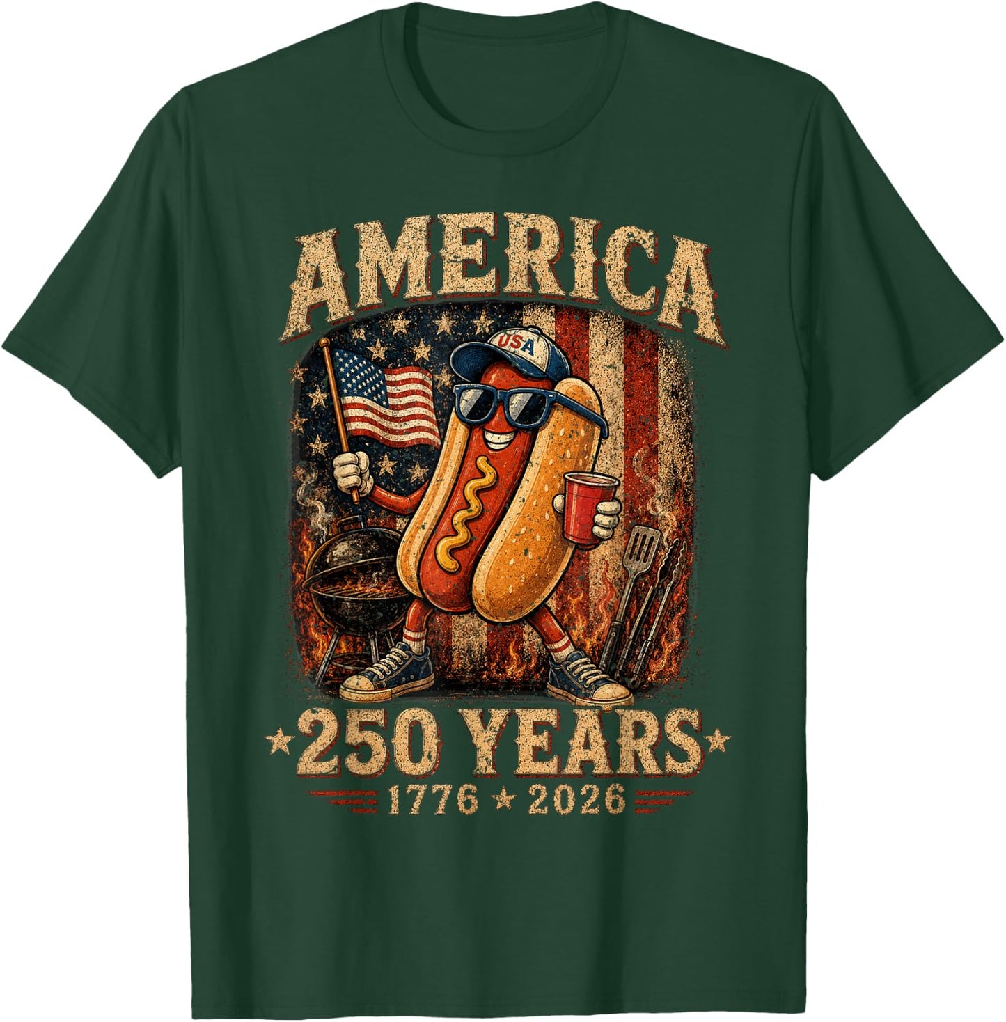 America 250 Years Funny Hotdog BBQ 1776 2026 Patriotic T-Shirt - T-Shirt | Forest