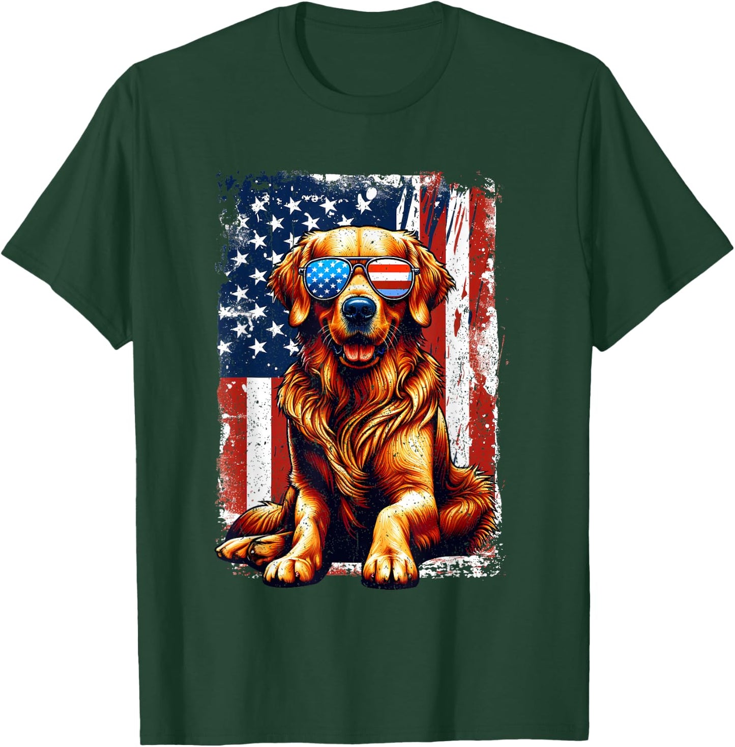 Vintage Golden Retriever Dog American US USA Flag Pets Lover T-Shirt - T-Shirt | Forest