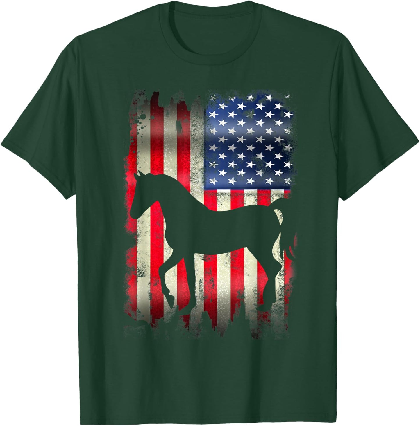Horse USA American Flag 4th of July Patriotic Equestrian Women Kids Men T-Shirt - T-Shirt | Forest