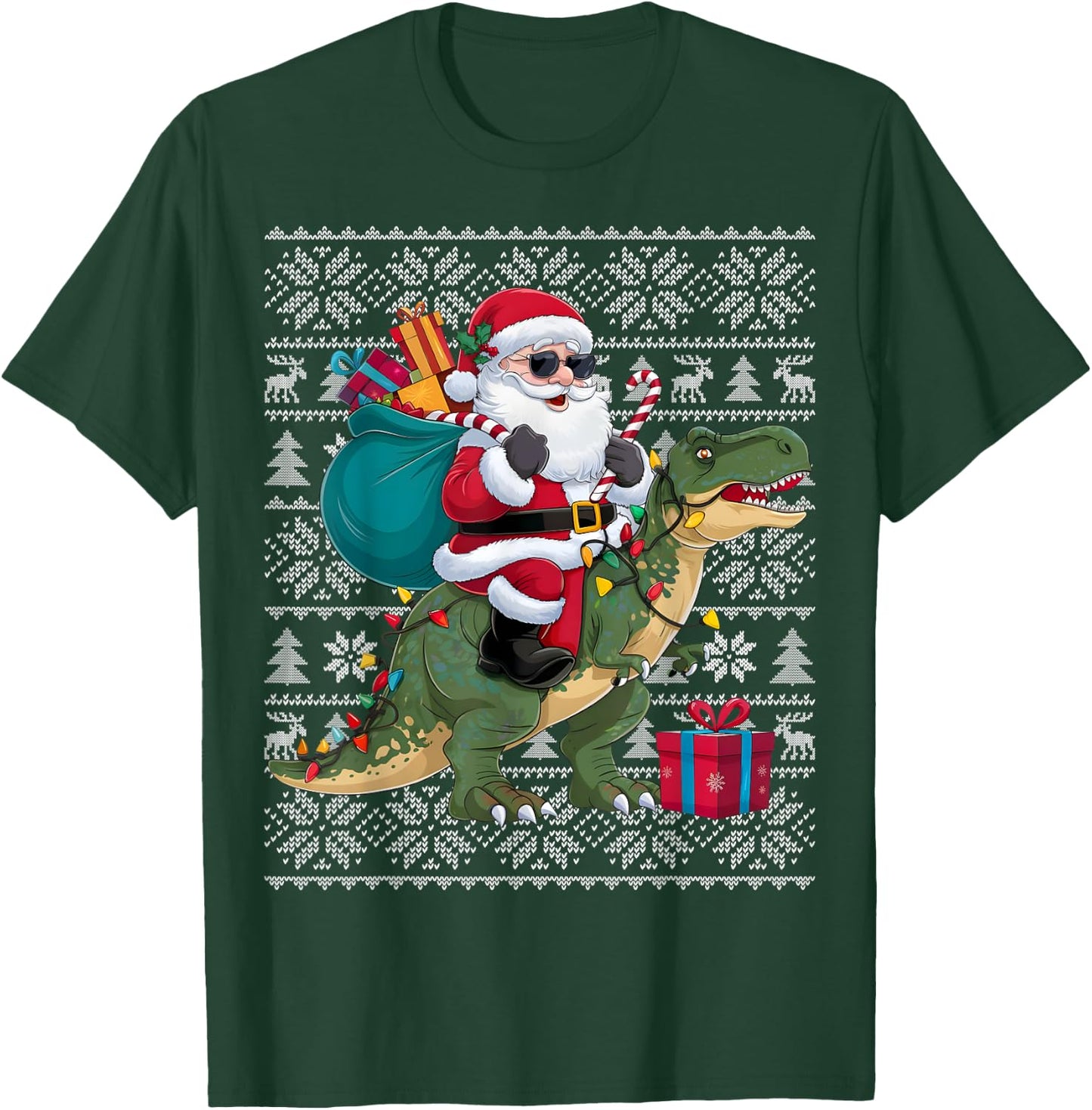 Ugly Xmas Sweater Style Santa Riding Dinosaur Christmas T-Shirt - T-Shirt | Forest