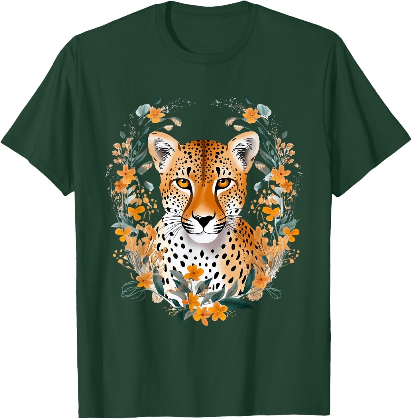 Cheetah Face Animal Print Big Cat Wildlife Flowers Design T-Shirt - T-Shirt | Forest