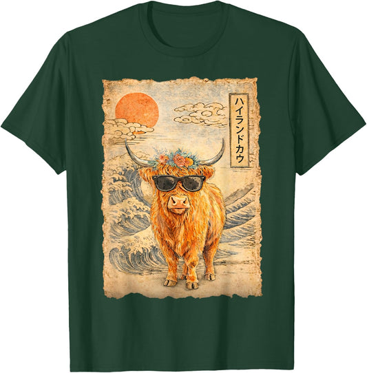 Funny Highland Cow in Japanese Kawaii Wave Animal Lover Gift T-Shirt - T-Shirt | Forest