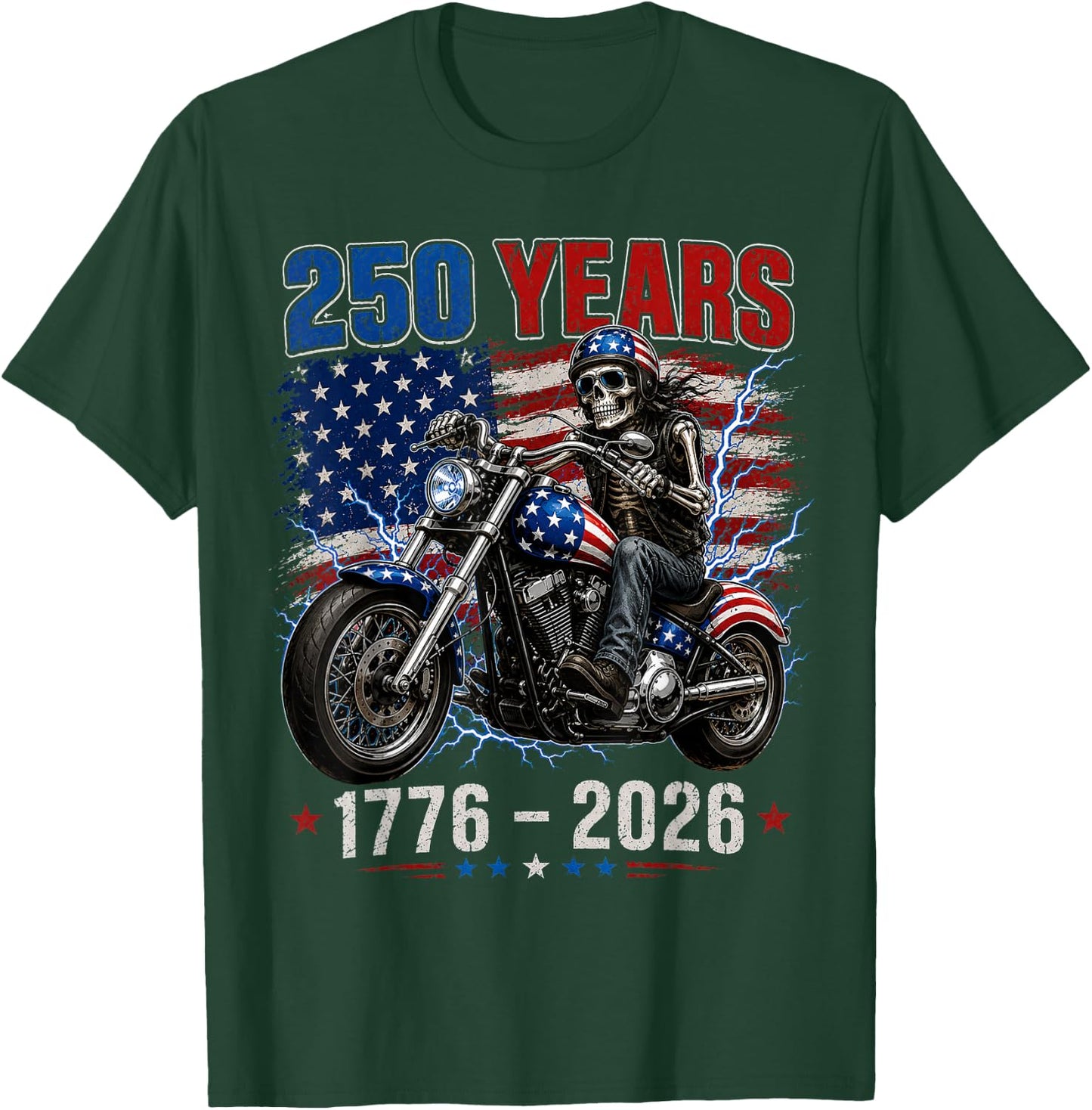250 Anniversary USA 250th American Skull Motorcycle USA Flag T-Shirt - T-Shirt | Forest