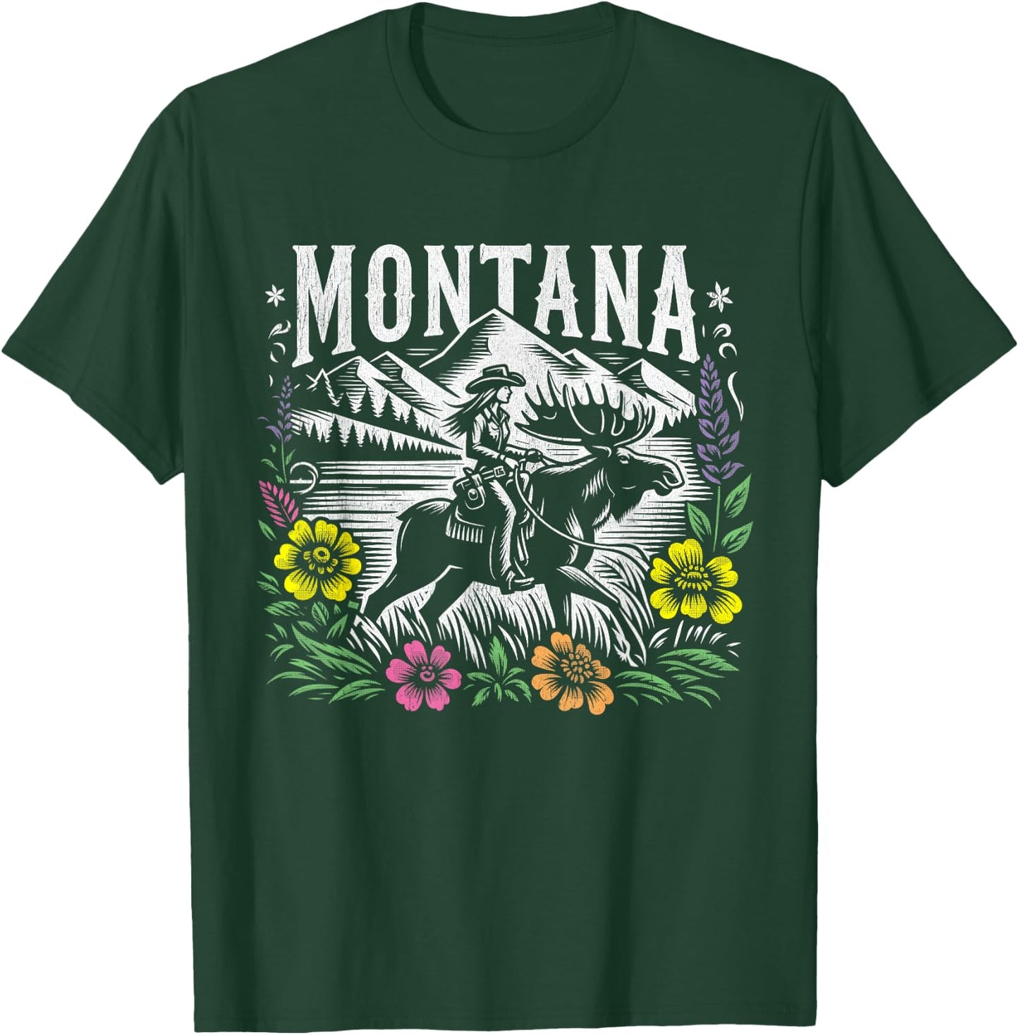 Montana Cowgirl Riding a Moose - Retro Look T-Shirt - T-Shirt | Forest