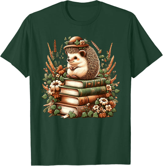 Cute Cottagecore Aesthetic Hedgehog Reading Book Nerd T-Shirt - T-Shirt | Forest