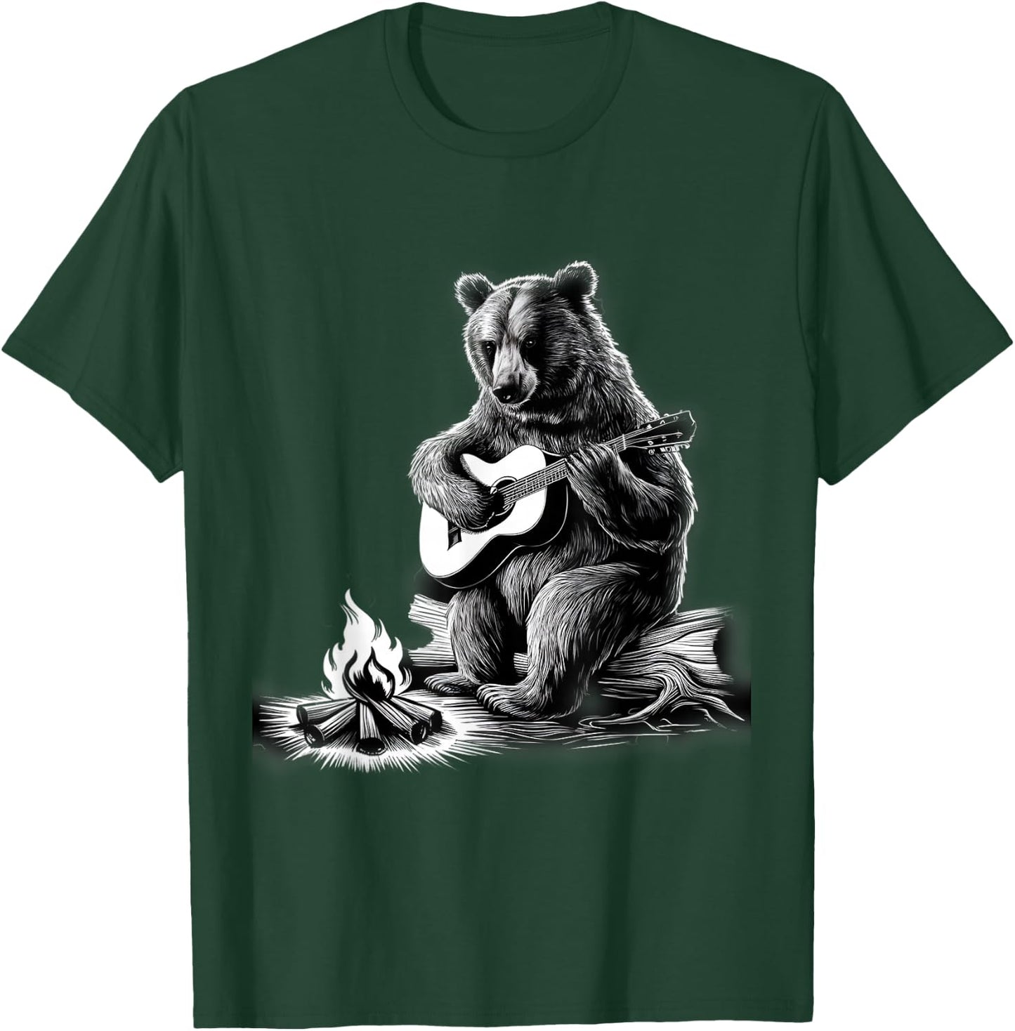 Bear Playing Guitar Rock on Campfire Bear T-Shirt - T-Shirt | Forest