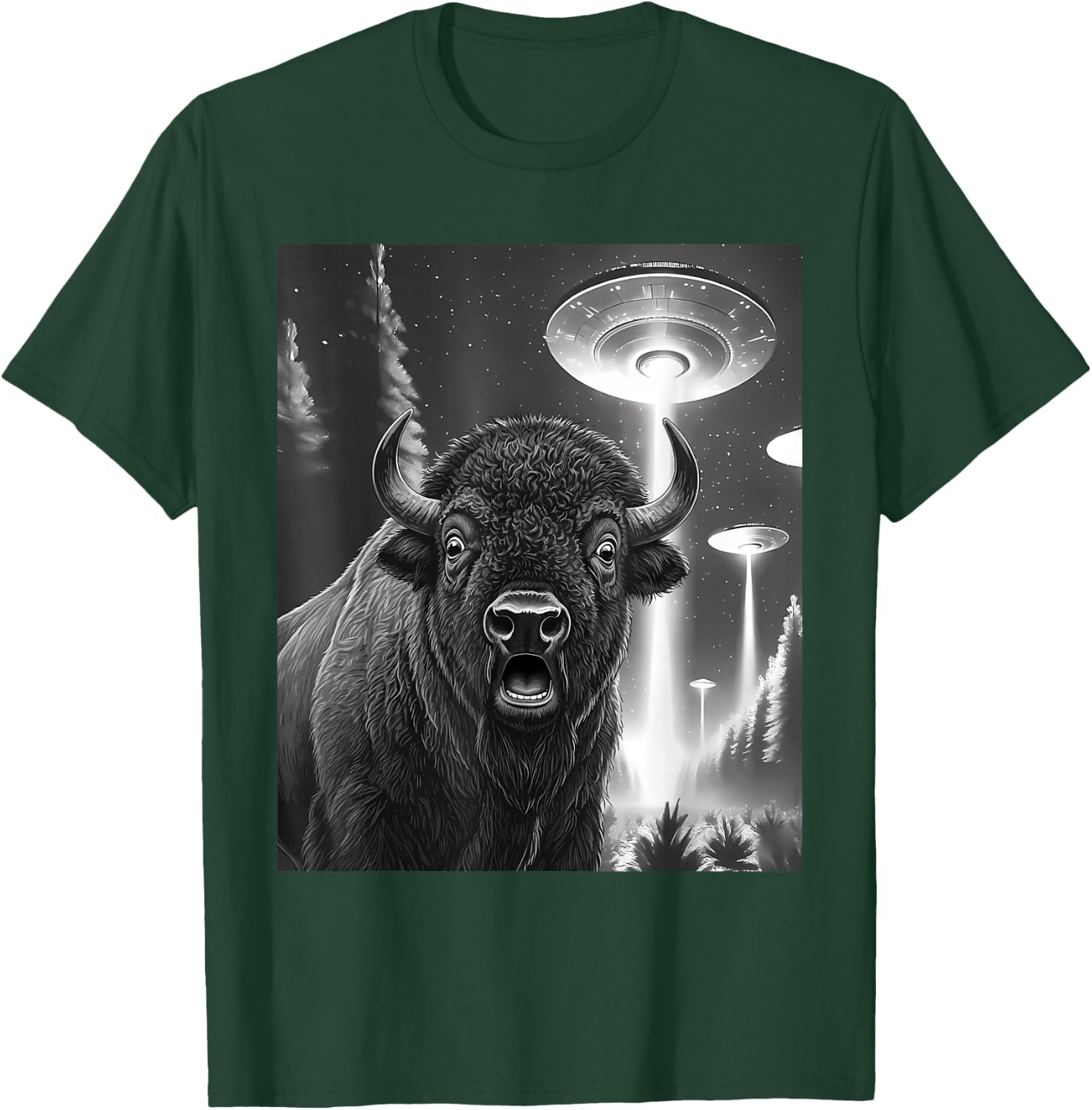 Funny Bison Alien UFO Taking a Selfie Animal Lover Retro T-Shirt - T-Shirt | Forest