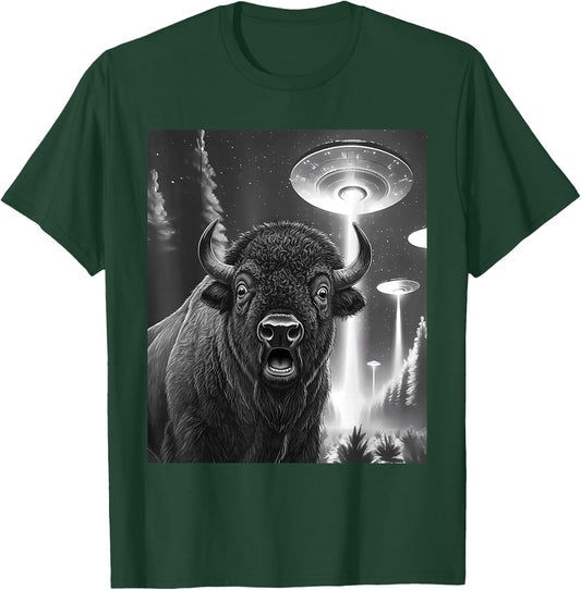 Funny Bison Alien UFO Taking a Selfie Animal Lover Retro T-Shirt - T-Shirt | Forest